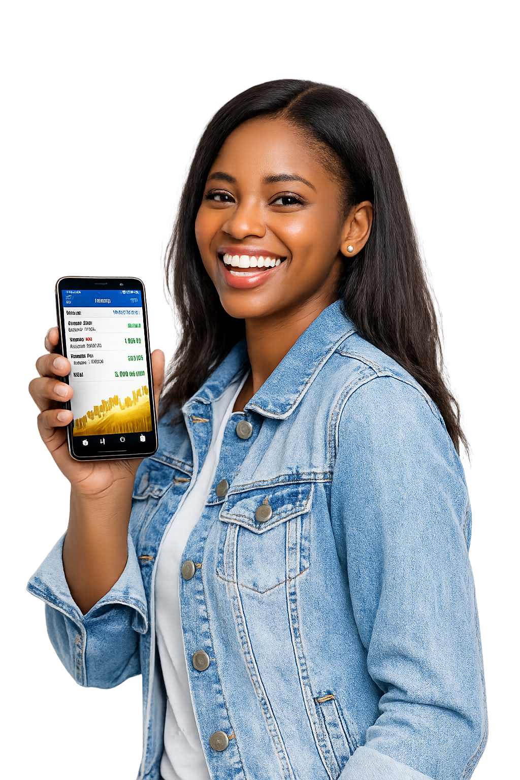 Smiling lady holding phone with profits